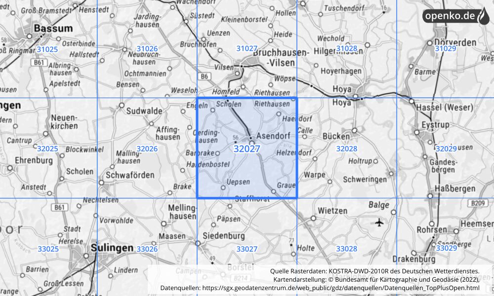 Übersichtskarte KOSTRA-DWD-2010R Rasterfeld Nr. 32027 mit angrenzenden Feldern