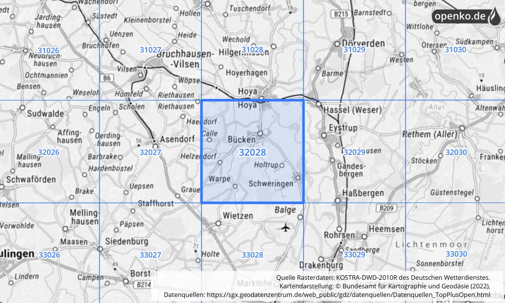 Übersichtskarte KOSTRA-DWD-2010R Rasterfeld Nr. 32028 mit angrenzenden Feldern