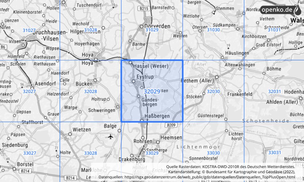 Übersichtskarte KOSTRA-DWD-2010R Rasterfeld Nr. 32029 mit angrenzenden Feldern