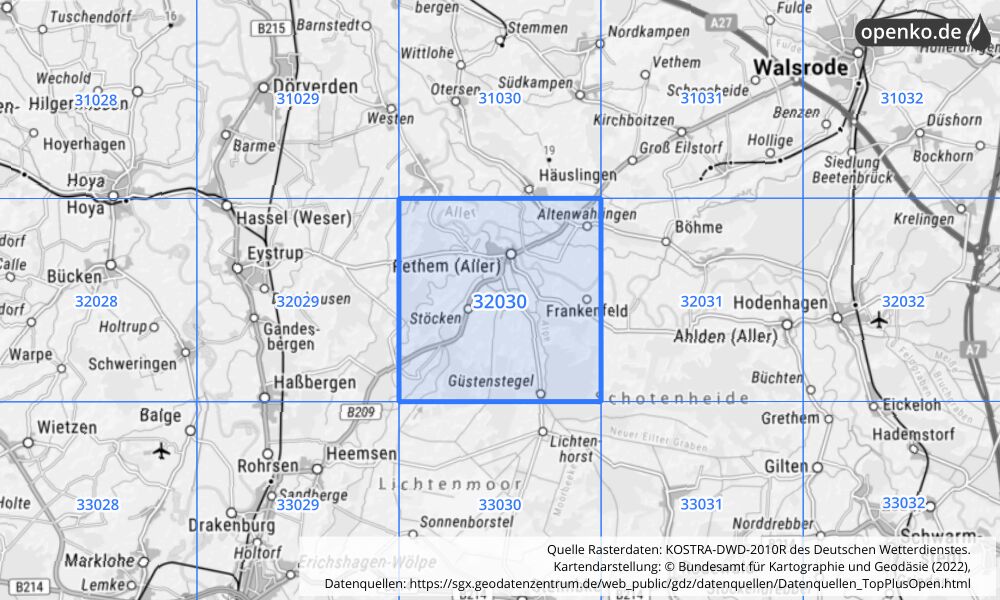 Übersichtskarte KOSTRA-DWD-2010R Rasterfeld Nr. 32030 mit angrenzenden Feldern