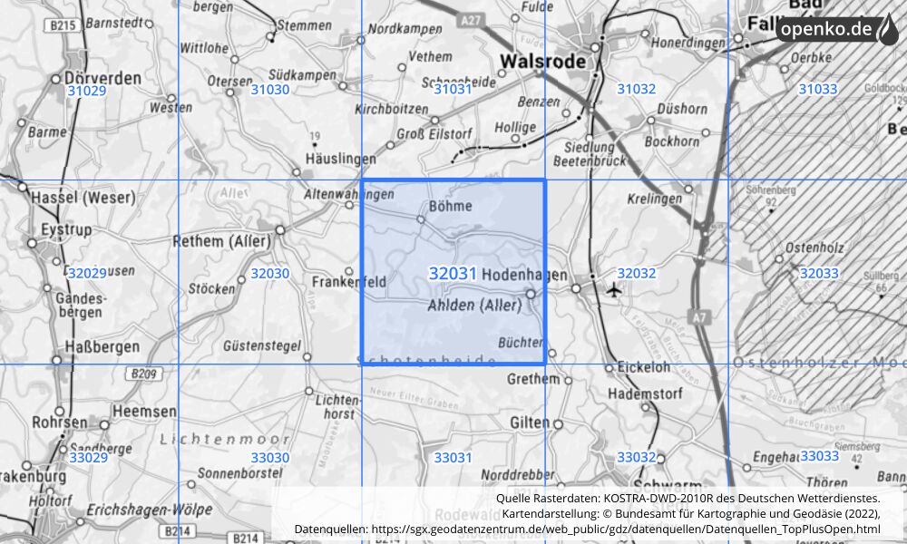 Übersichtskarte KOSTRA-DWD-2010R Rasterfeld Nr. 32031 mit angrenzenden Feldern