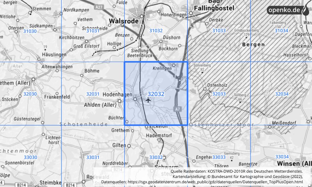 Übersichtskarte KOSTRA-DWD-2010R Rasterfeld Nr. 32032 mit angrenzenden Feldern