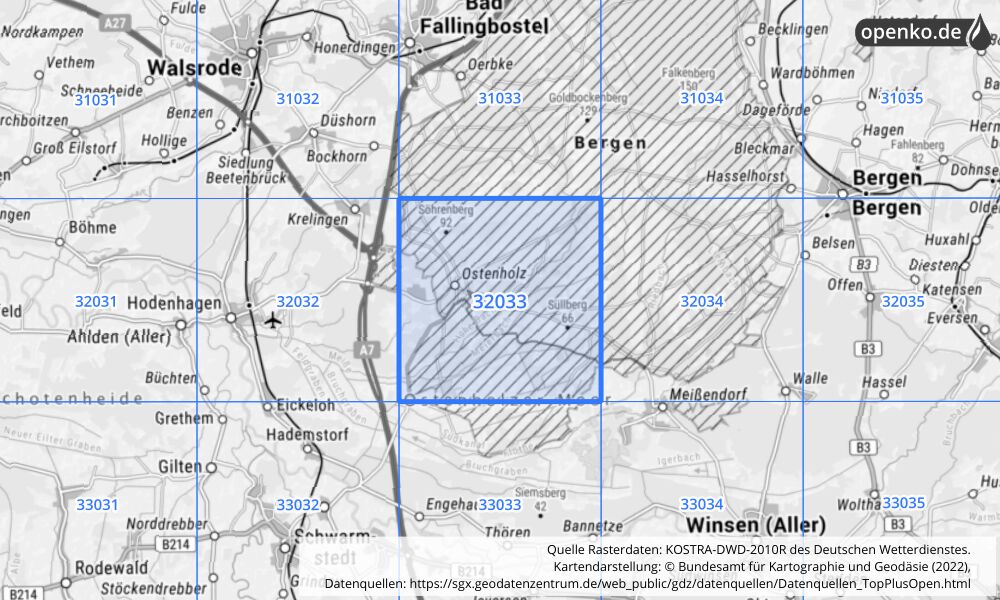 Übersichtskarte KOSTRA-DWD-2010R Rasterfeld Nr. 32033 mit angrenzenden Feldern