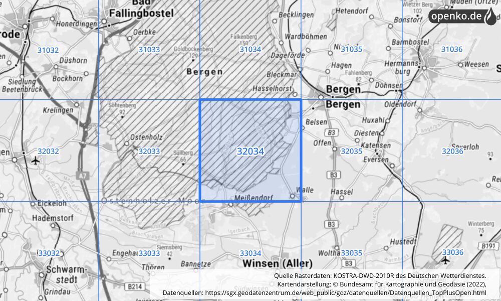 Übersichtskarte KOSTRA-DWD-2010R Rasterfeld Nr. 32034 mit angrenzenden Feldern