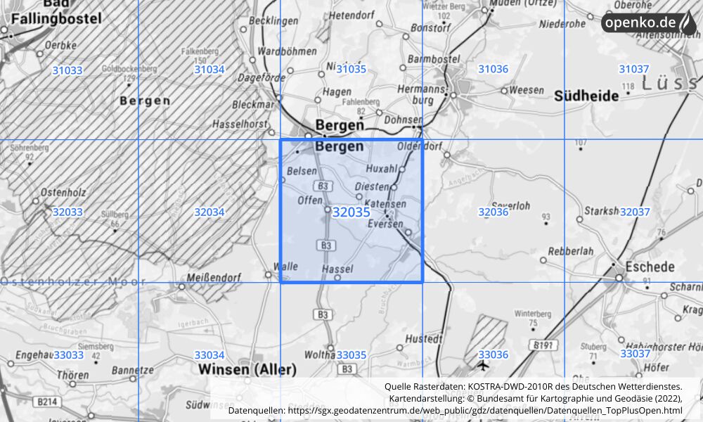 Übersichtskarte KOSTRA-DWD-2010R Rasterfeld Nr. 32035 mit angrenzenden Feldern