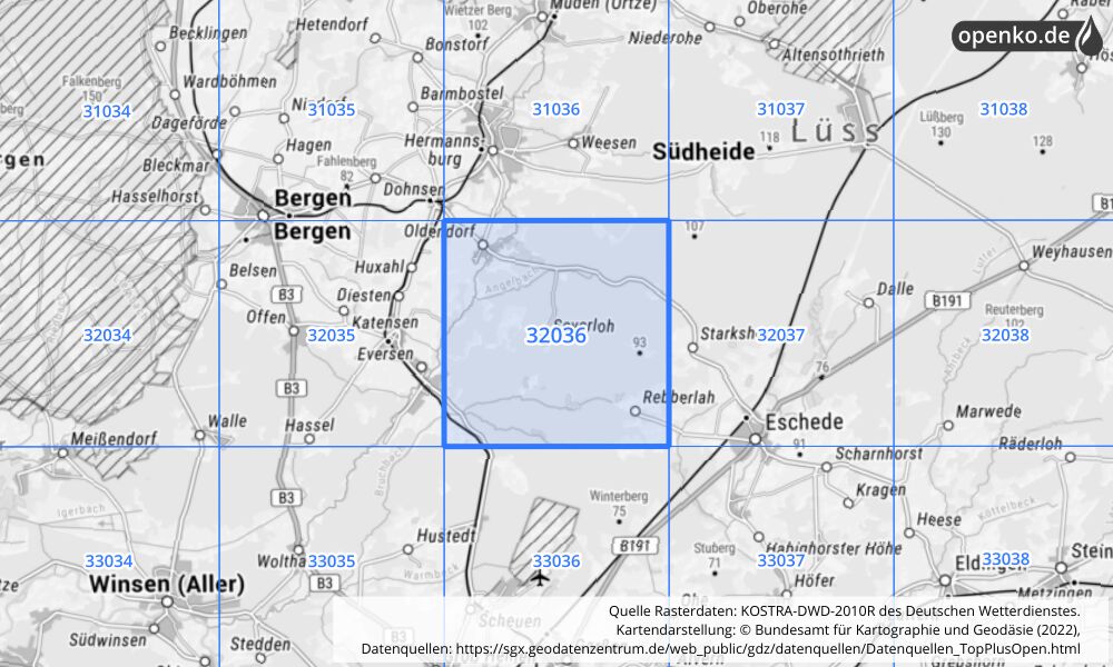 Übersichtskarte KOSTRA-DWD-2010R Rasterfeld Nr. 32036 mit angrenzenden Feldern