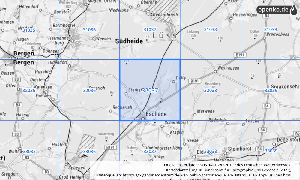 Übersichtskarte KOSTRA-DWD-2010R Rasterfeld Nr. 32037 mit angrenzenden Feldern