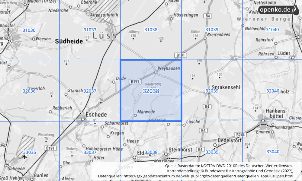 Übersichtskarte KOSTRA-DWD-2010R Rasterfeld Nr. 32038 mit angrenzenden Feldern