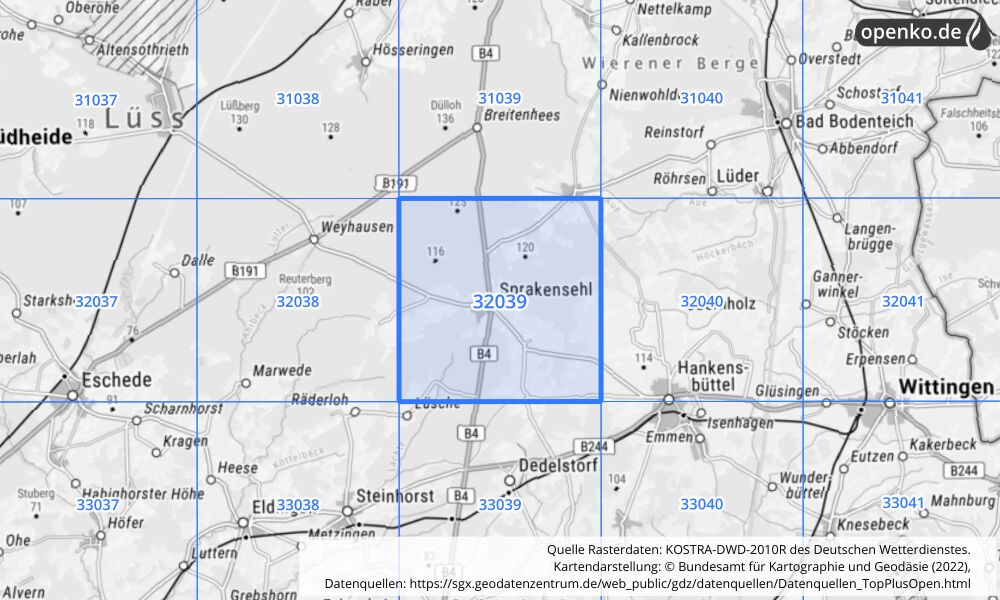 Übersichtskarte KOSTRA-DWD-2010R Rasterfeld Nr. 32039 mit angrenzenden Feldern