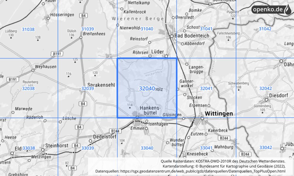 Übersichtskarte KOSTRA-DWD-2010R Rasterfeld Nr. 32040 mit angrenzenden Feldern