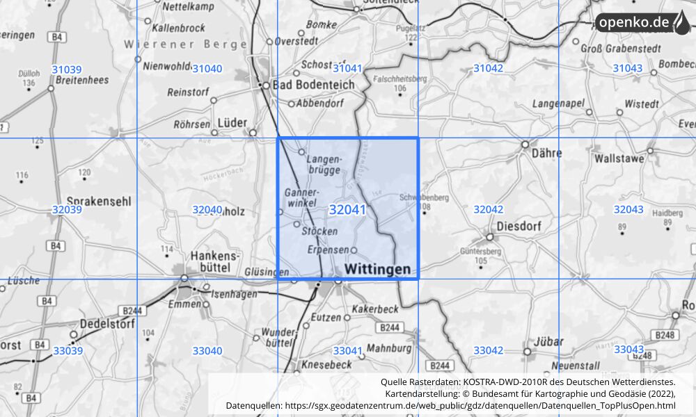 Übersichtskarte KOSTRA-DWD-2010R Rasterfeld Nr. 32041 mit angrenzenden Feldern