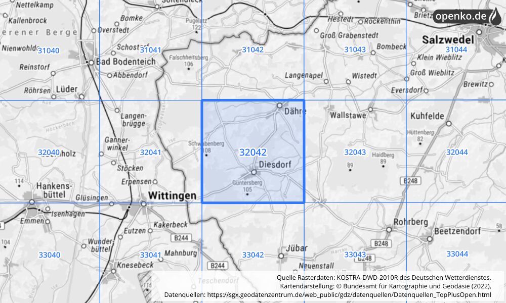 Übersichtskarte KOSTRA-DWD-2010R Rasterfeld Nr. 32042 mit angrenzenden Feldern