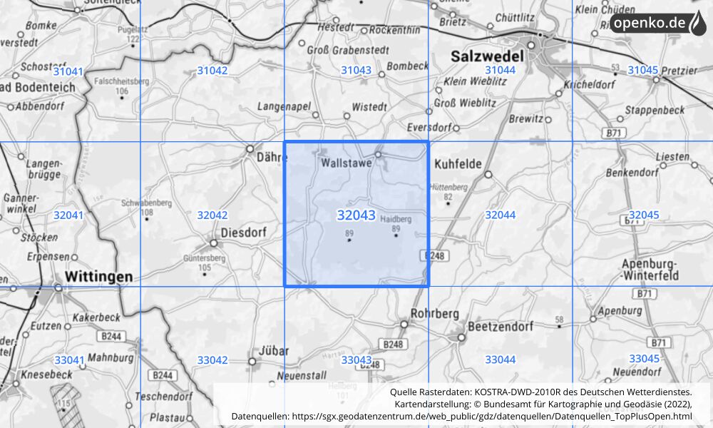 Übersichtskarte KOSTRA-DWD-2010R Rasterfeld Nr. 32043 mit angrenzenden Feldern