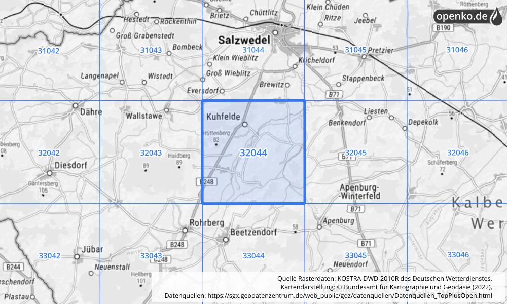 Übersichtskarte KOSTRA-DWD-2010R Rasterfeld Nr. 32044 mit angrenzenden Feldern