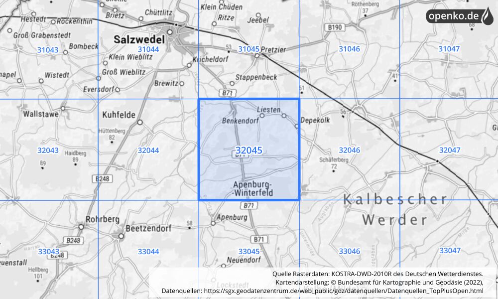 Übersichtskarte KOSTRA-DWD-2010R Rasterfeld Nr. 32045 mit angrenzenden Feldern