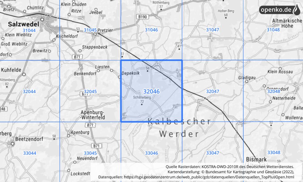 Übersichtskarte KOSTRA-DWD-2010R Rasterfeld Nr. 32046 mit angrenzenden Feldern