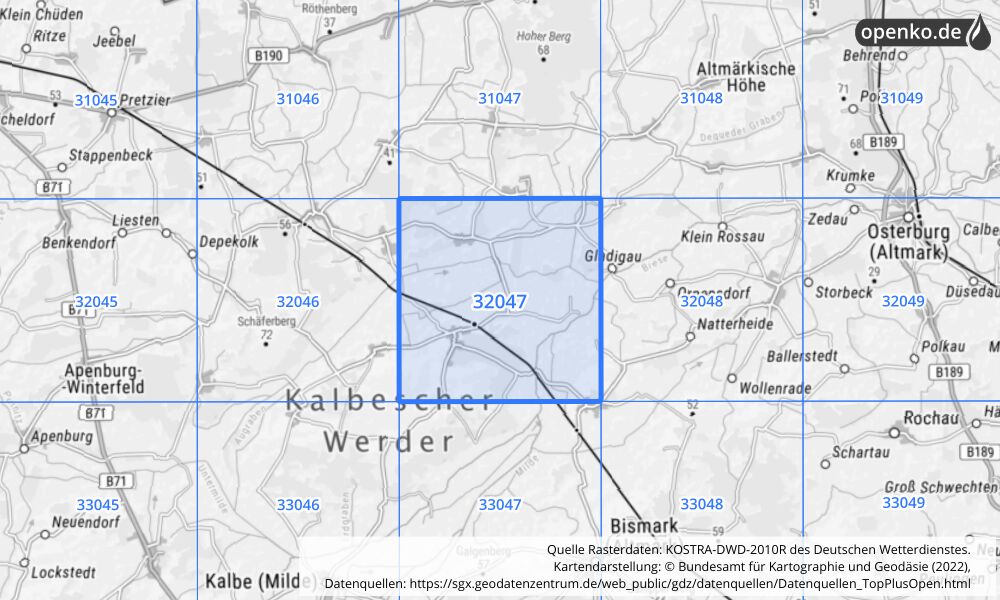 Übersichtskarte KOSTRA-DWD-2010R Rasterfeld Nr. 32047 mit angrenzenden Feldern