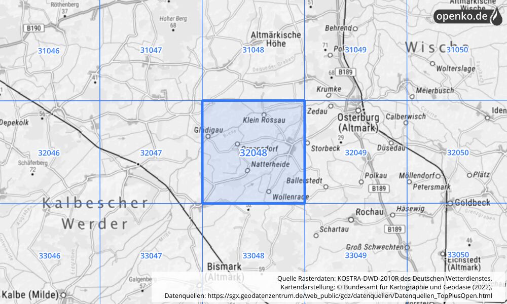 Übersichtskarte KOSTRA-DWD-2010R Rasterfeld Nr. 32048 mit angrenzenden Feldern