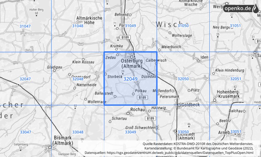 Übersichtskarte KOSTRA-DWD-2010R Rasterfeld Nr. 32049 mit angrenzenden Feldern