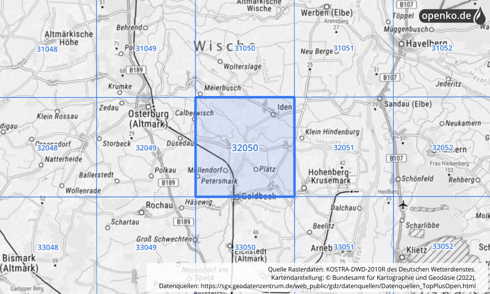 Übersichtskarte KOSTRA-DWD-2010R Rasterfeld Nr. 32050 mit angrenzenden Feldern