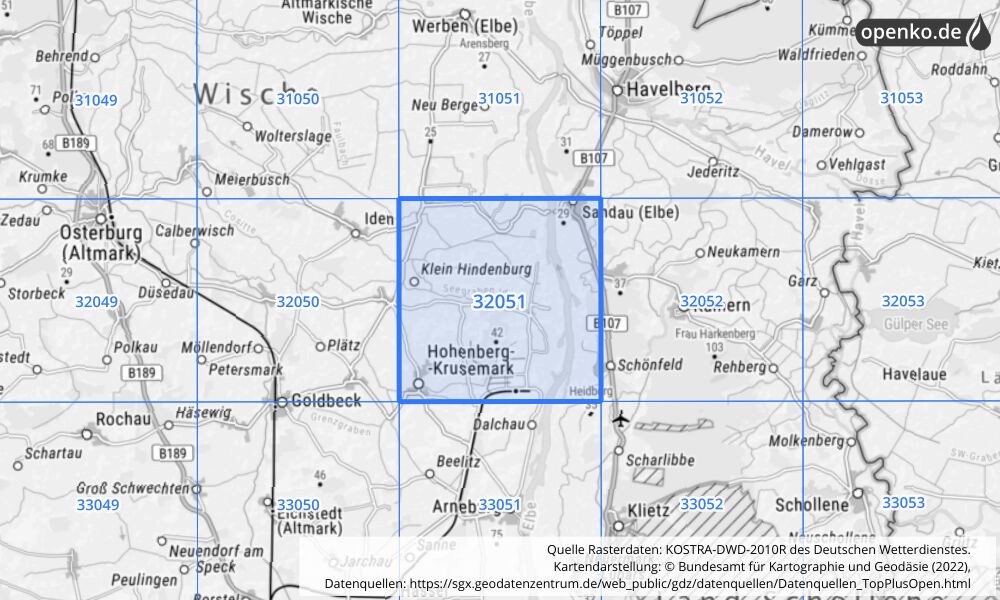 Übersichtskarte KOSTRA-DWD-2010R Rasterfeld Nr. 32051 mit angrenzenden Feldern