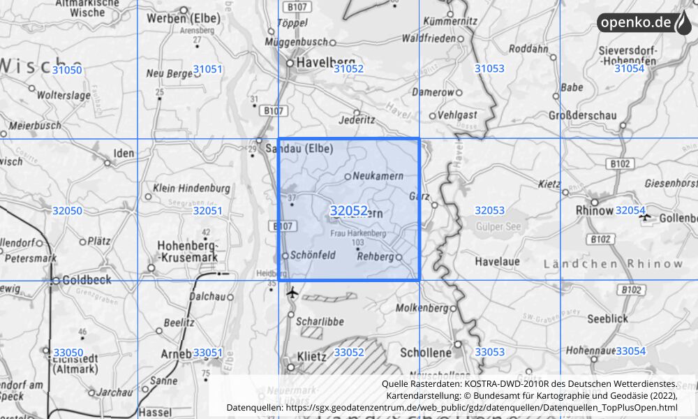 Übersichtskarte KOSTRA-DWD-2010R Rasterfeld Nr. 32052 mit angrenzenden Feldern
