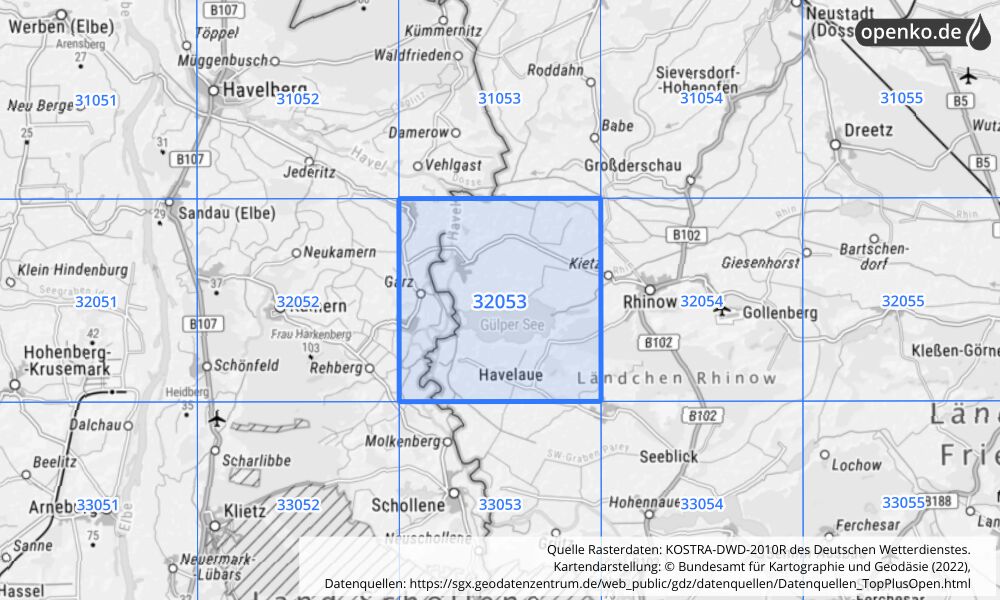 Übersichtskarte KOSTRA-DWD-2010R Rasterfeld Nr. 32053 mit angrenzenden Feldern