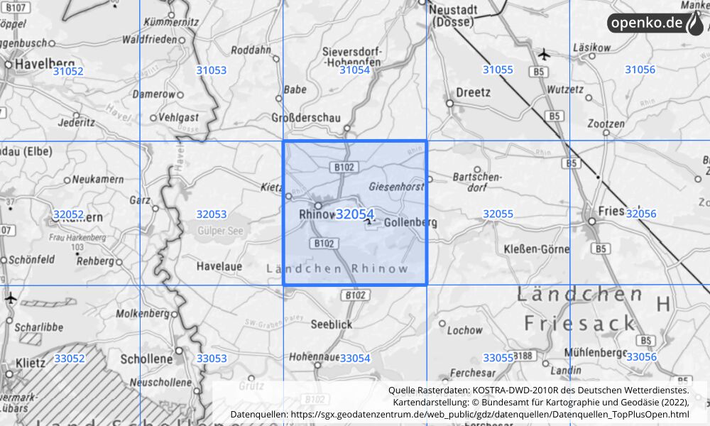 Übersichtskarte KOSTRA-DWD-2010R Rasterfeld Nr. 32054 mit angrenzenden Feldern