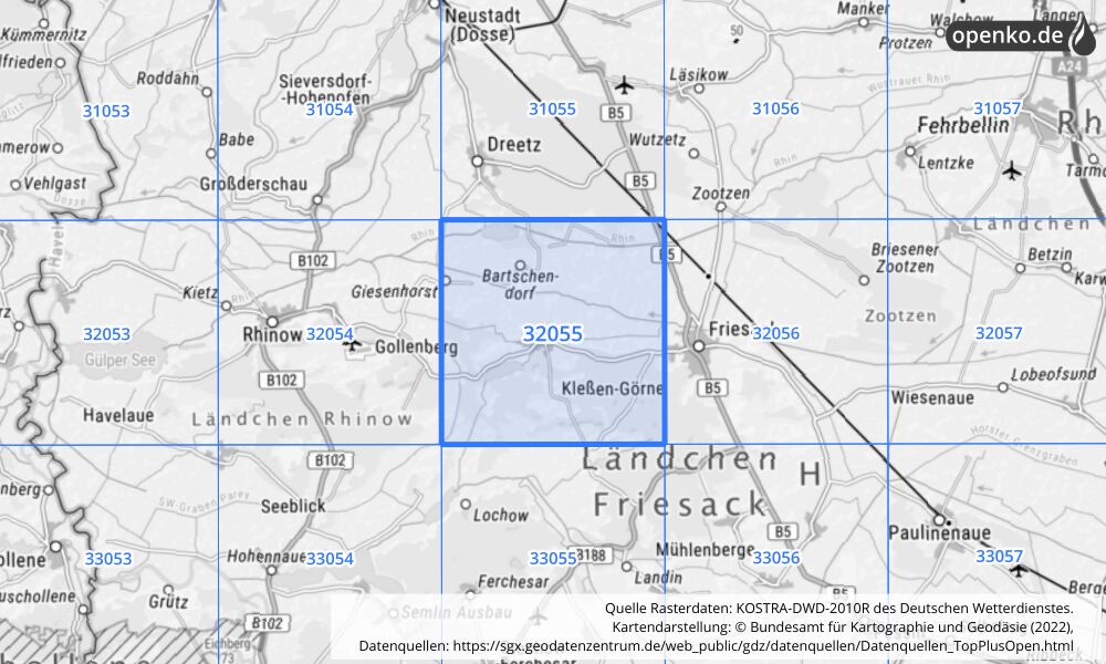 Übersichtskarte KOSTRA-DWD-2010R Rasterfeld Nr. 32055 mit angrenzenden Feldern