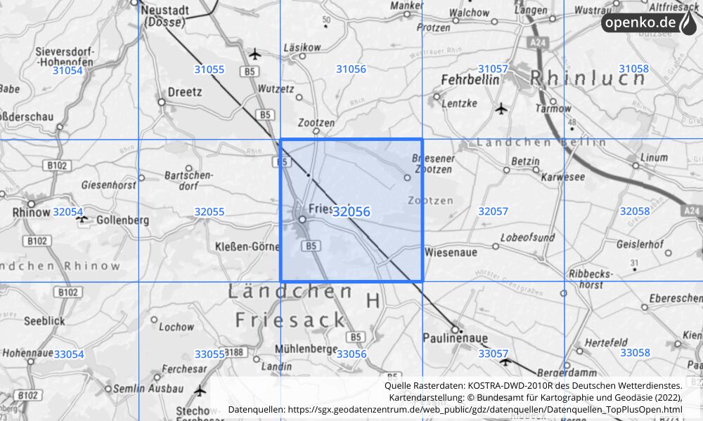 Übersichtskarte KOSTRA-DWD-2010R Rasterfeld Nr. 32056 mit angrenzenden Feldern