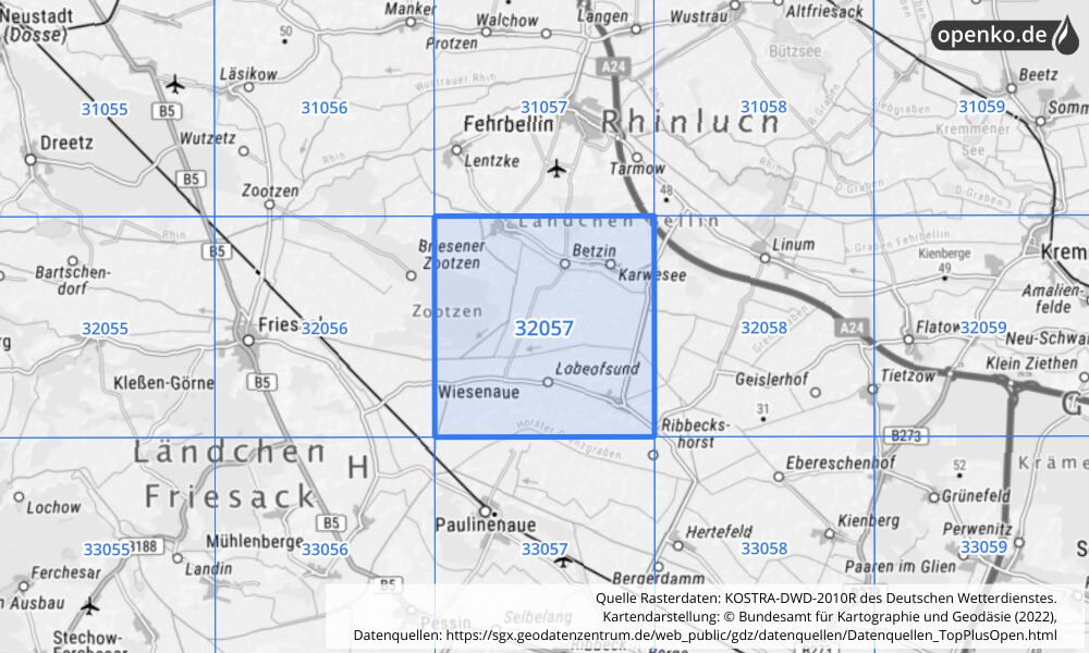 Übersichtskarte KOSTRA-DWD-2010R Rasterfeld Nr. 32057 mit angrenzenden Feldern