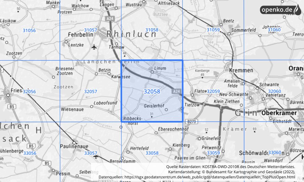 Übersichtskarte KOSTRA-DWD-2010R Rasterfeld Nr. 32058 mit angrenzenden Feldern