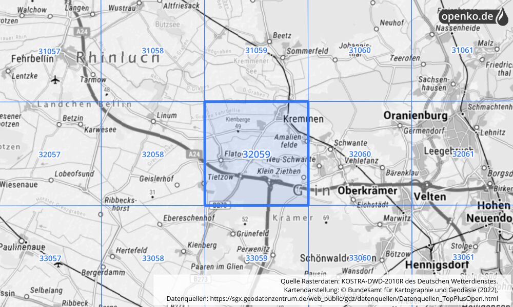 Übersichtskarte KOSTRA-DWD-2010R Rasterfeld Nr. 32059 mit angrenzenden Feldern