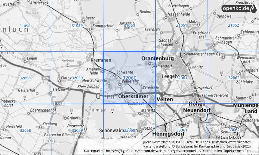 Übersichtskarte KOSTRA-DWD-2010R Rasterfeld Nr. 32060 mit angrenzenden Feldern