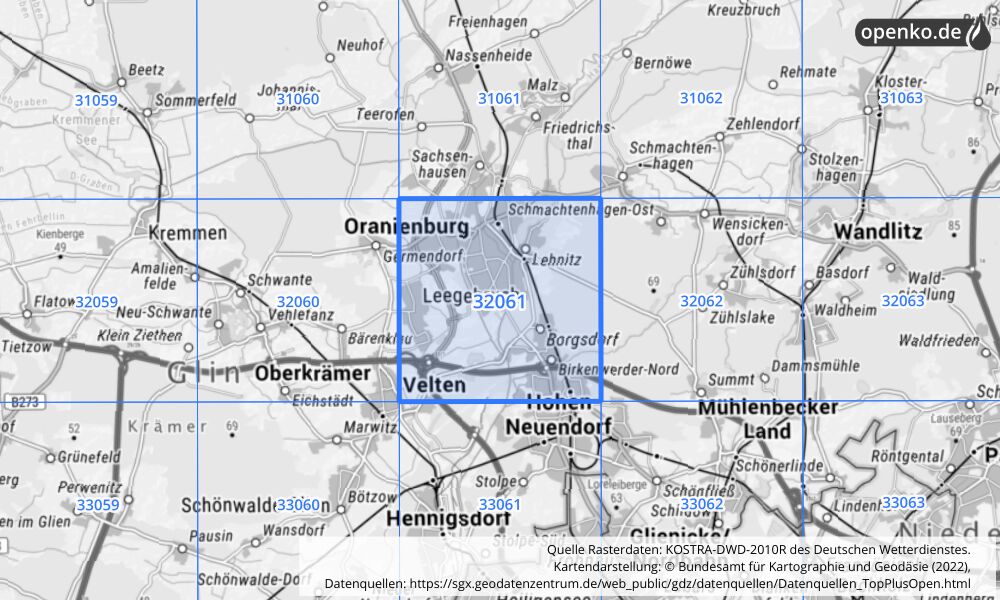 Übersichtskarte KOSTRA-DWD-2010R Rasterfeld Nr. 32061 mit angrenzenden Feldern