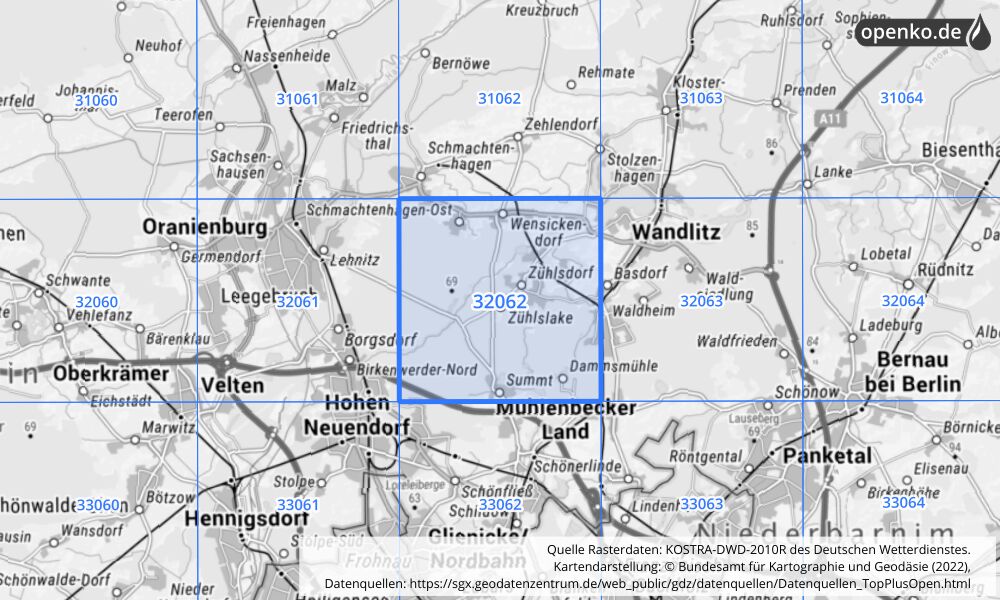 Übersichtskarte KOSTRA-DWD-2010R Rasterfeld Nr. 32062 mit angrenzenden Feldern