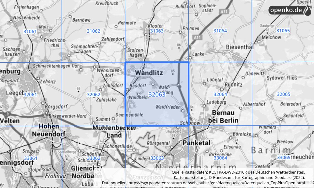 Übersichtskarte KOSTRA-DWD-2010R Rasterfeld Nr. 32063 mit angrenzenden Feldern