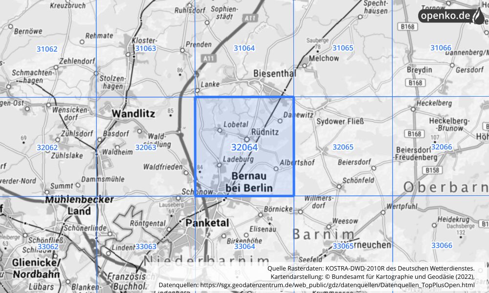 Übersichtskarte KOSTRA-DWD-2010R Rasterfeld Nr. 32064 mit angrenzenden Feldern