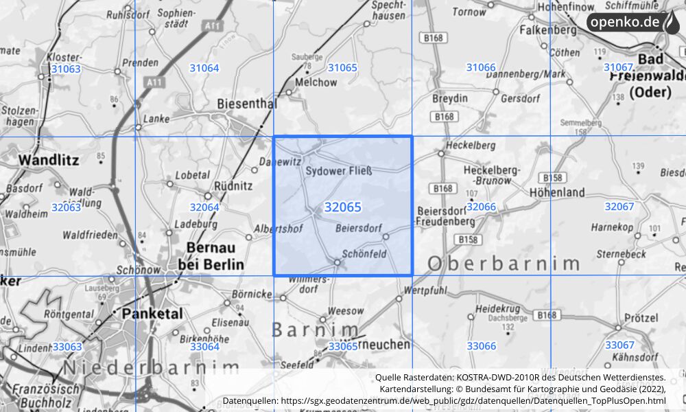 Übersichtskarte KOSTRA-DWD-2010R Rasterfeld Nr. 32065 mit angrenzenden Feldern