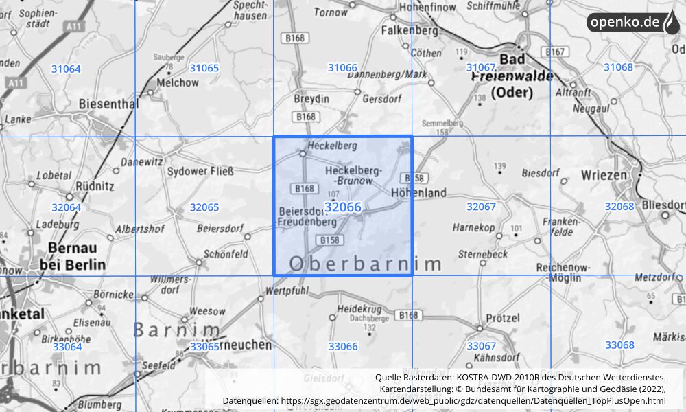 Übersichtskarte KOSTRA-DWD-2010R Rasterfeld Nr. 32066 mit angrenzenden Feldern