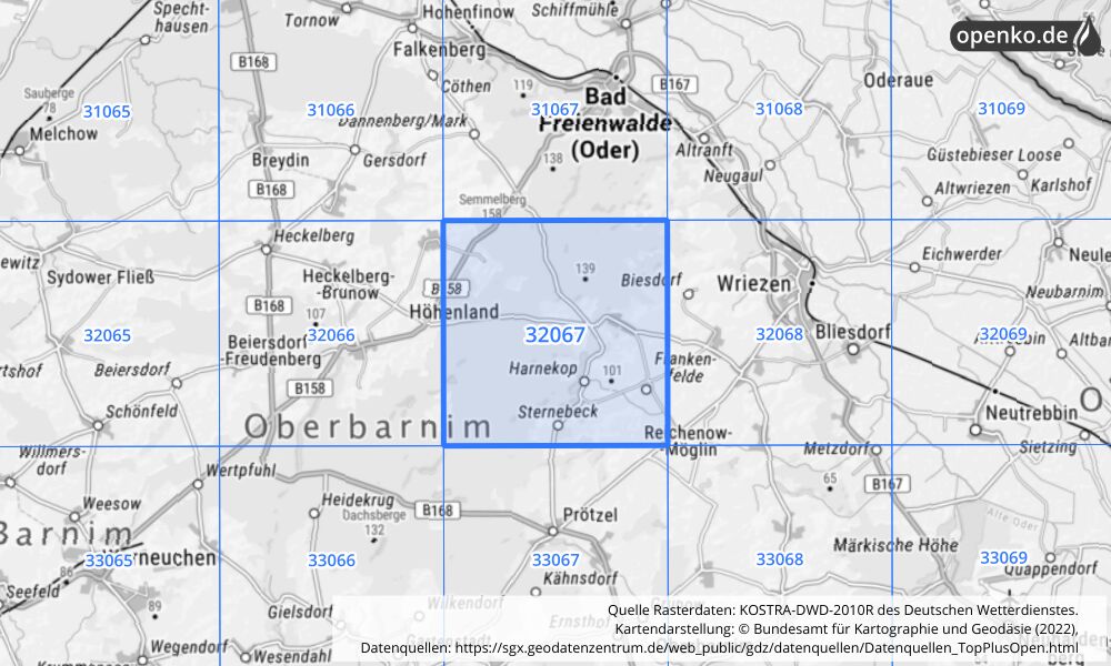 Übersichtskarte KOSTRA-DWD-2010R Rasterfeld Nr. 32067 mit angrenzenden Feldern