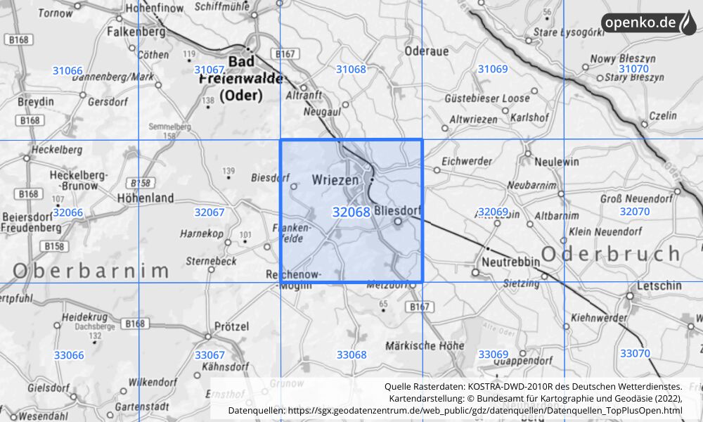 Übersichtskarte KOSTRA-DWD-2010R Rasterfeld Nr. 32068 mit angrenzenden Feldern