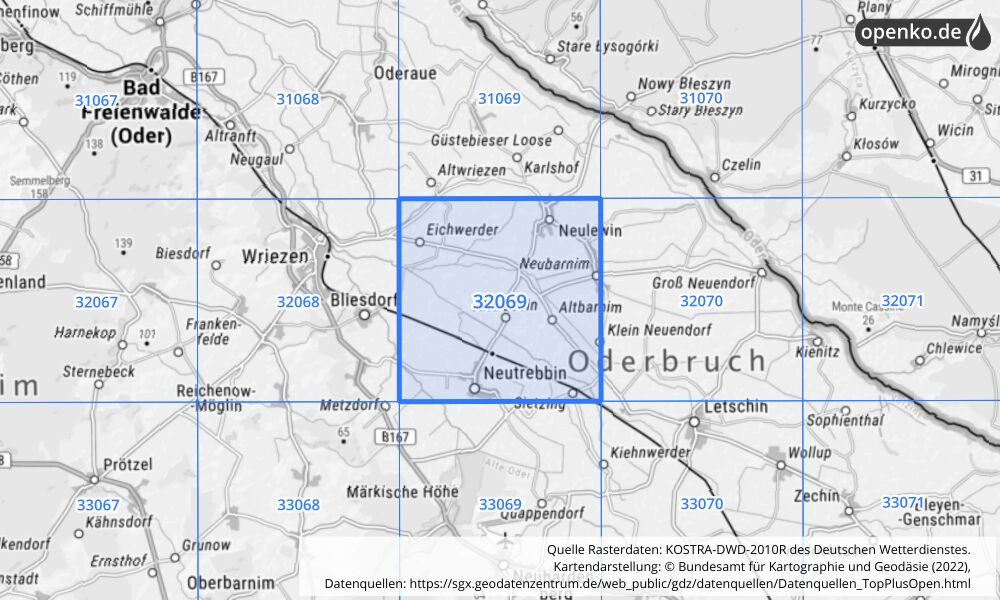 Übersichtskarte KOSTRA-DWD-2010R Rasterfeld Nr. 32069 mit angrenzenden Feldern