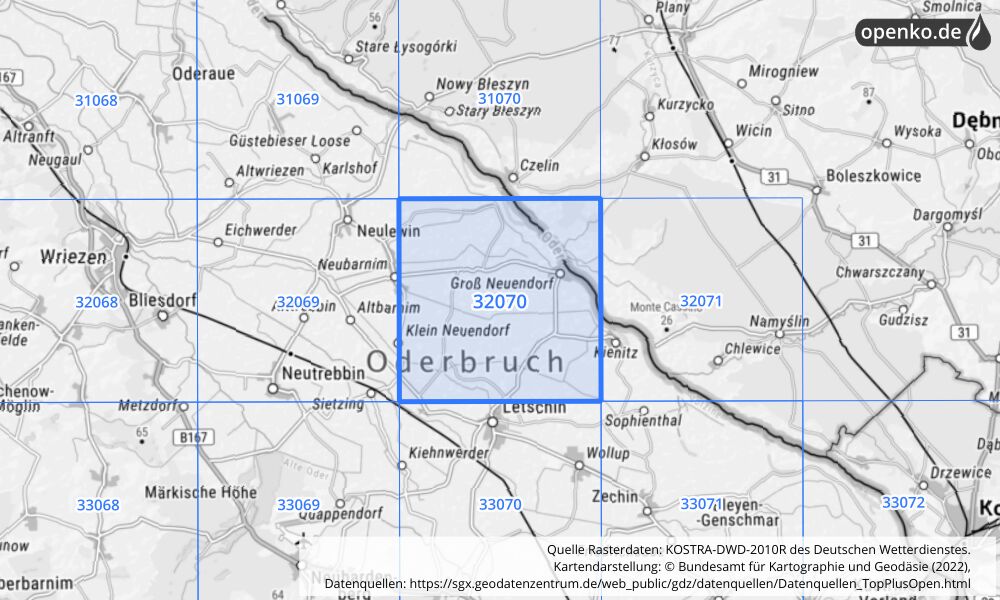 Übersichtskarte KOSTRA-DWD-2010R Rasterfeld Nr. 32070 mit angrenzenden Feldern
