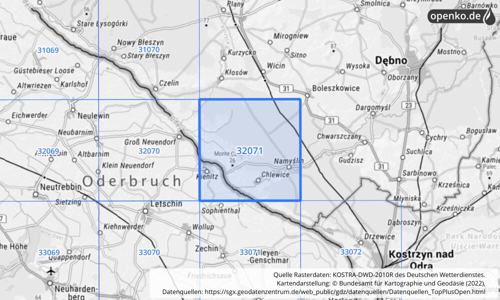 Übersichtskarte KOSTRA-DWD-2010R Rasterfeld Nr. 32071 mit angrenzenden Feldern