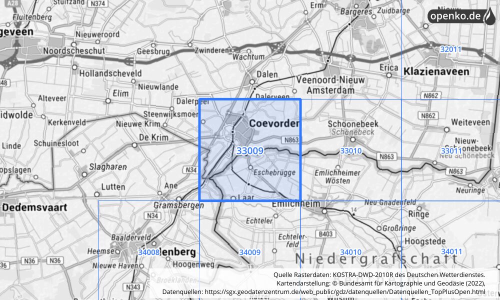 Übersichtskarte KOSTRA-DWD-2010R Rasterfeld Nr. 33009 mit angrenzenden Feldern