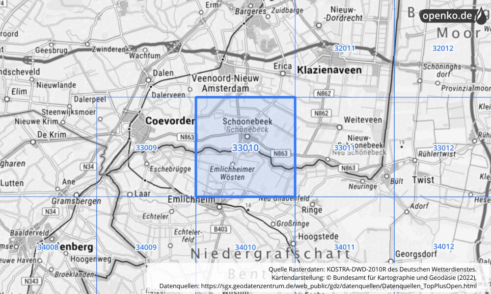 Übersichtskarte KOSTRA-DWD-2010R Rasterfeld Nr. 33010 mit angrenzenden Feldern