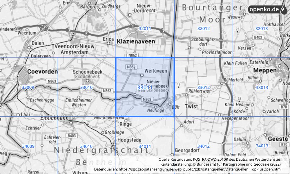 Übersichtskarte KOSTRA-DWD-2010R Rasterfeld Nr. 33011 mit angrenzenden Feldern