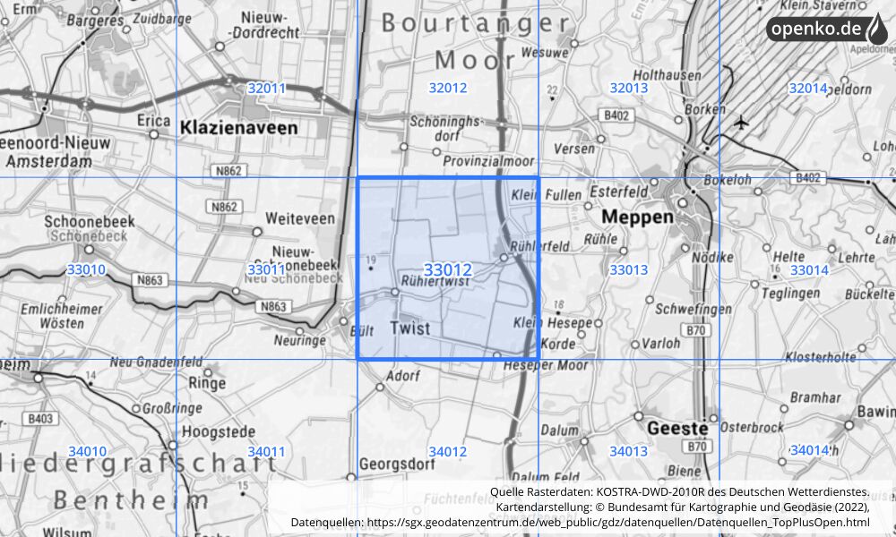 Übersichtskarte KOSTRA-DWD-2010R Rasterfeld Nr. 33012 mit angrenzenden Feldern
