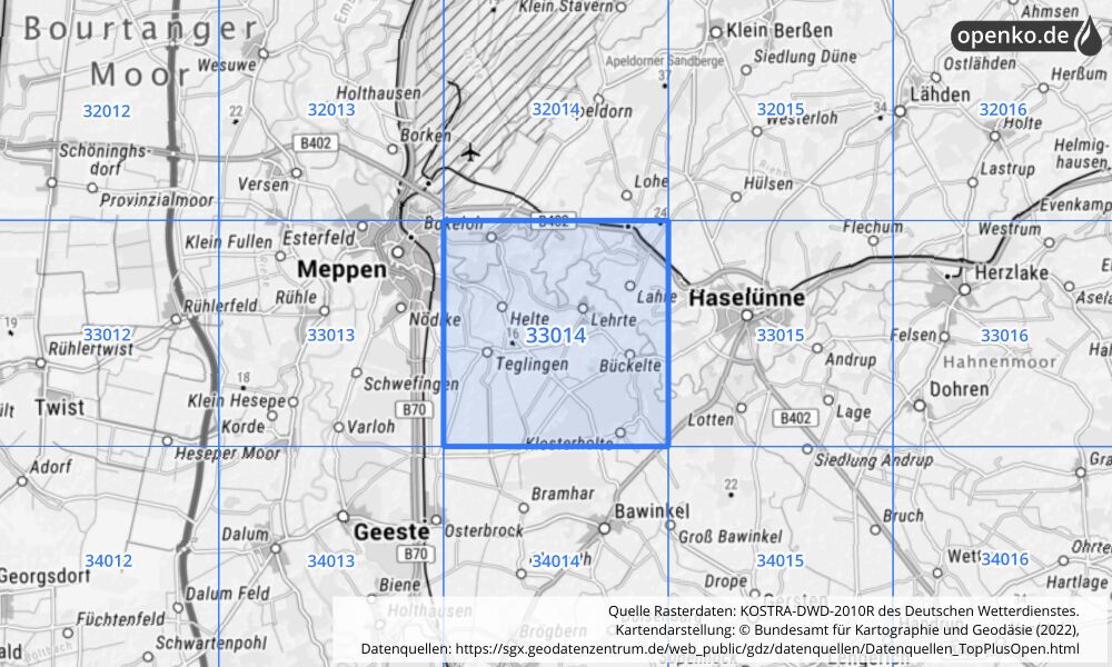 Übersichtskarte KOSTRA-DWD-2010R Rasterfeld Nr. 33014 mit angrenzenden Feldern